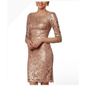 Tadashi Shoji Formal Dress Size 2 Gold Champagne Lace‎ Formal Cocktail Evening